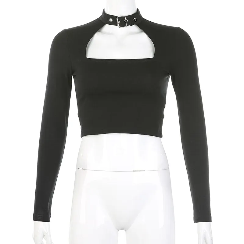 Black Metal Buckle Hollow Short T-Shirt