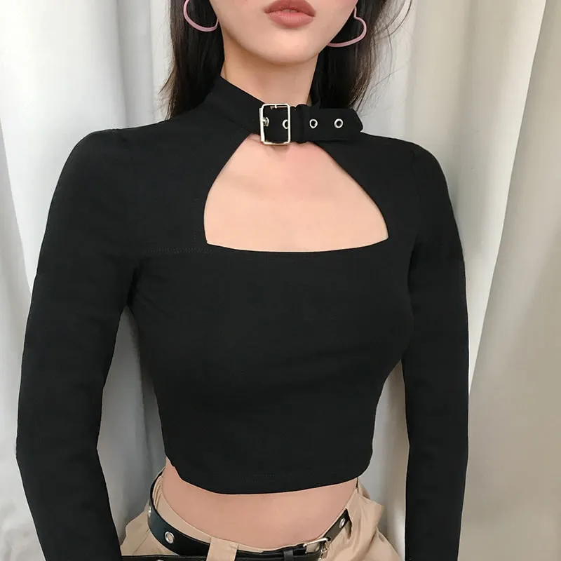 Black Metal Buckle Hollow Short T-Shirt