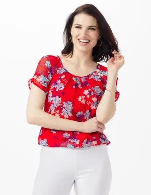 Blue Floral Pleat Neck Bubble Hem