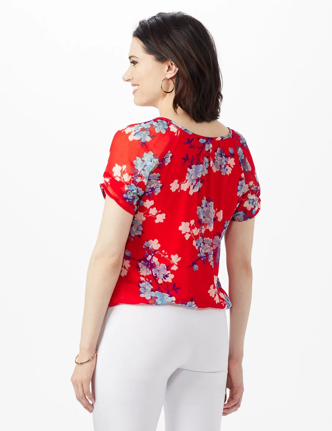 Blue Floral Pleat Neck Bubble Hem