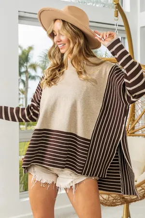 Women's top - Striped Contrast - Long Sleeve Slit Top by BiBi