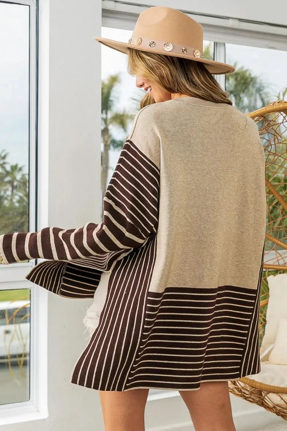 Women's top - Striped Contrast - Long Sleeve Slit Top by BiBi