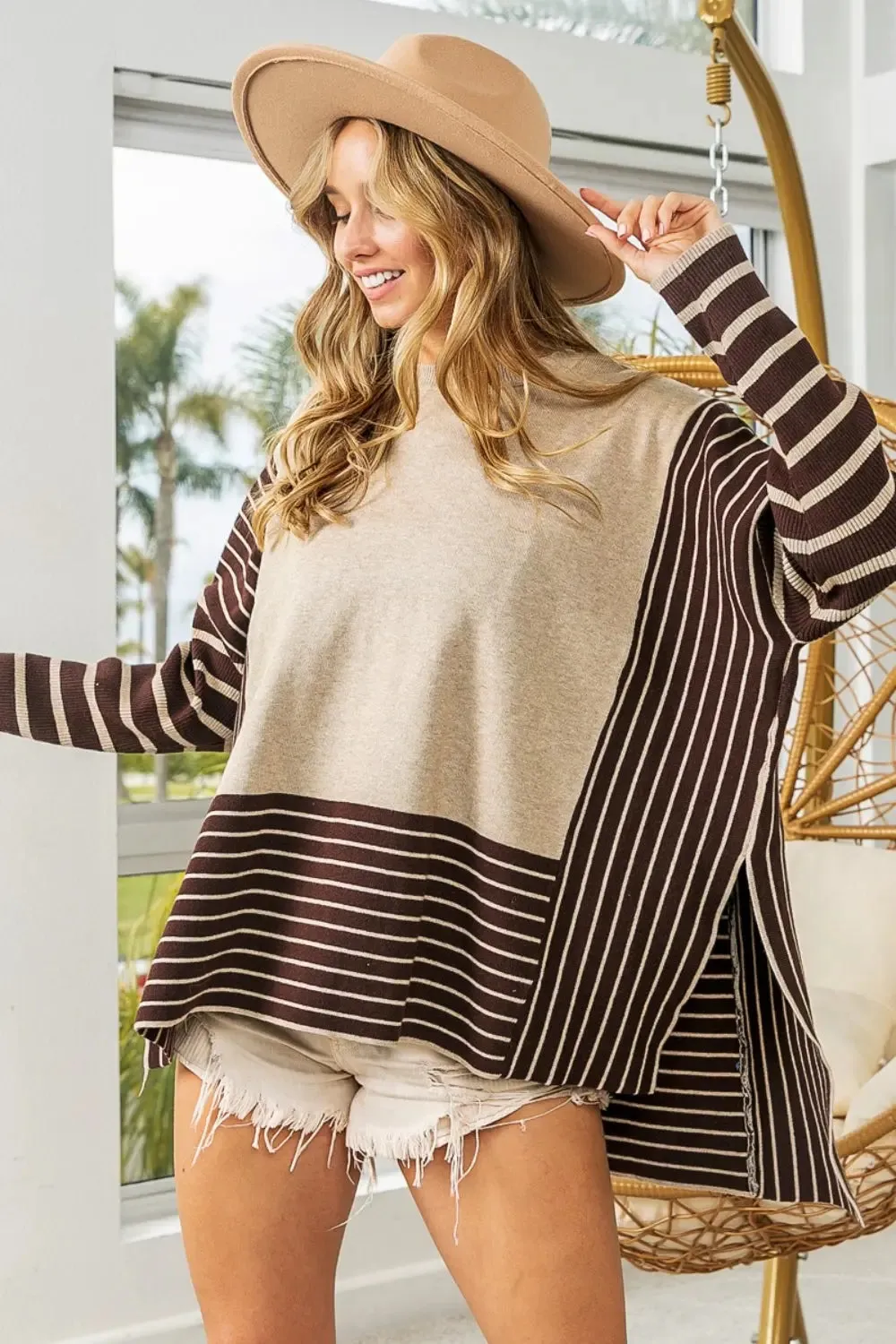 Women's top - Striped Contrast - Long Sleeve Slit Top by BiBi